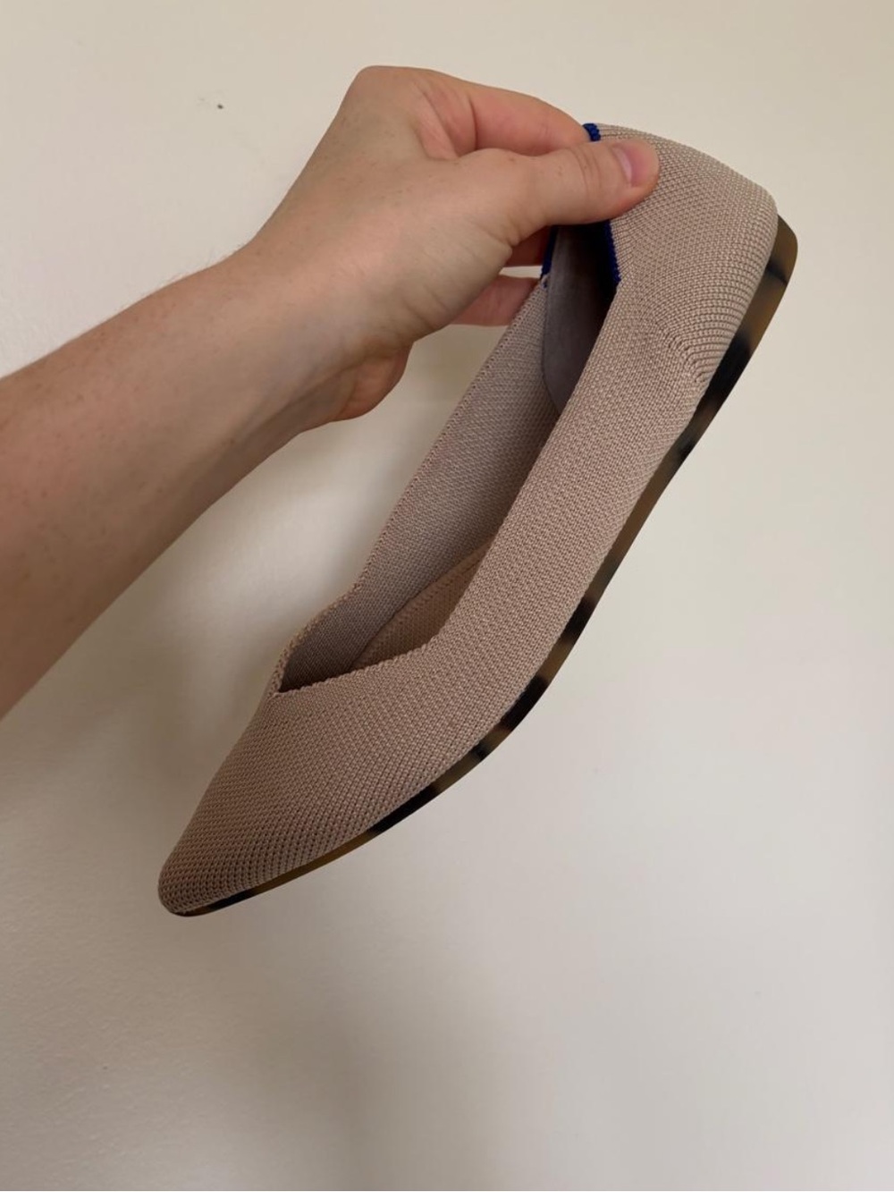 Rothy's Pointed Knit Flats in Taupe with Blue Trim - Picture 4 of 5